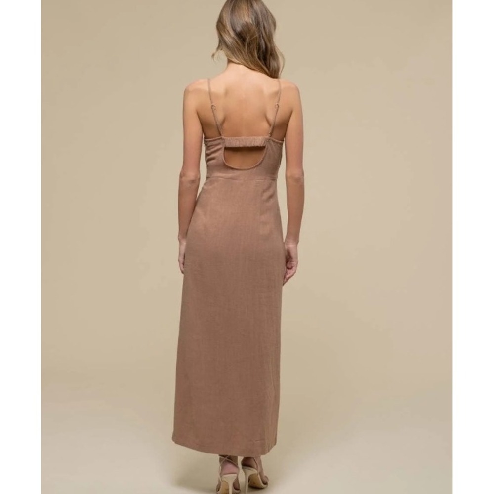 The Workshop Maxi Dress Almond Brown Linen Blend Open Back Minimalist Neutral L - Picture 2 of 9